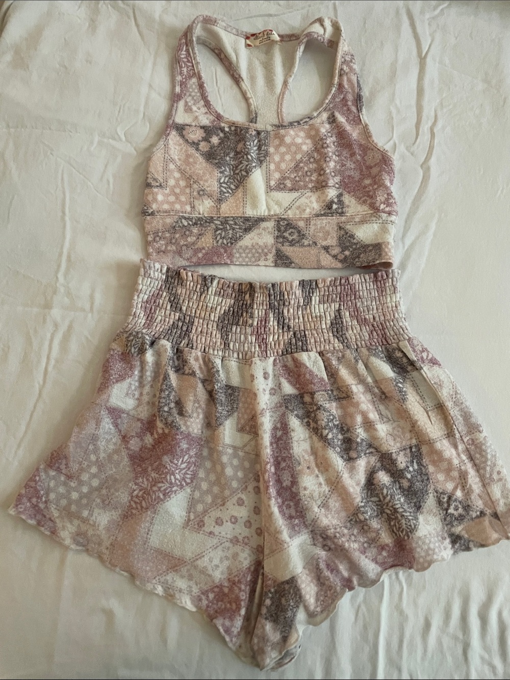 Altar'd State Blush Patchwork Racerback Crop & Smocked Waist Shorts Set